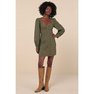 Lulus Posh Promise Olive Corduroy Long Sleeve Button-up Mini Dress Green
